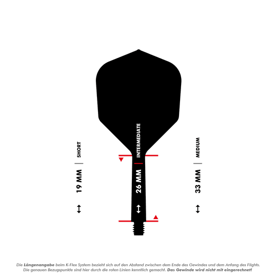 Sistema de vuelo Target K-Flex No6 - Blanco Das Bild zeigt eine Dart-Flightschafte mit Längenangaben in Millimetern. Es werden die drei Längen "Short" (19 mm), "Intermediate" (26 mm) und "Medium" (33 mm) dargestellt.