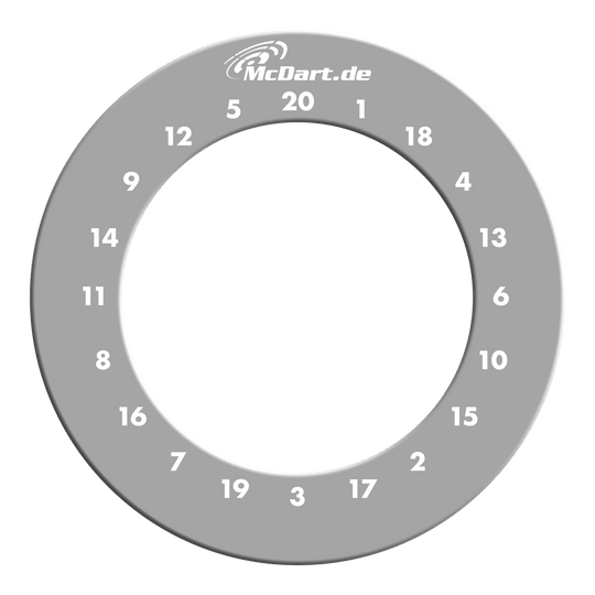 Das Bild zeigt einen grauen Dartboard-Surround-Ring mit weißen Zahlen von 1 bis 20. Oben steht die Aufschrift "McDart.de".
