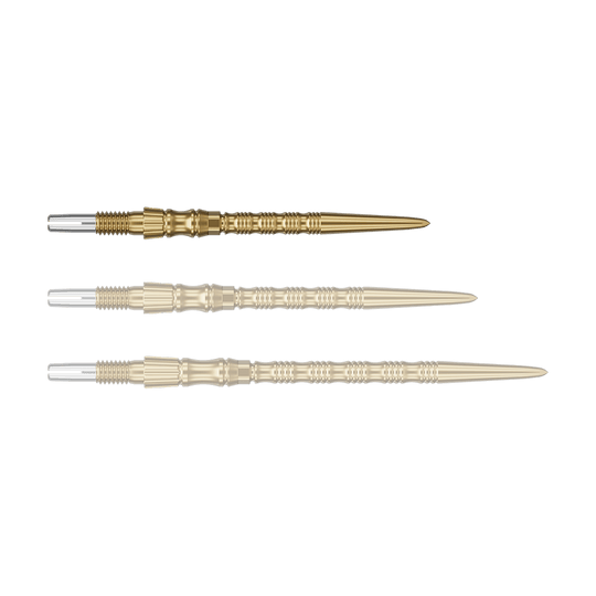 Puntas de dardo de acero Target Signature Swiss Point TRB - doradas Ein einzelner Target SwissPoint Signature TRB Dartspitze in Gold mit 30mm Länge wird gezeigt. Die Spitze ist detailliert abgebildet.