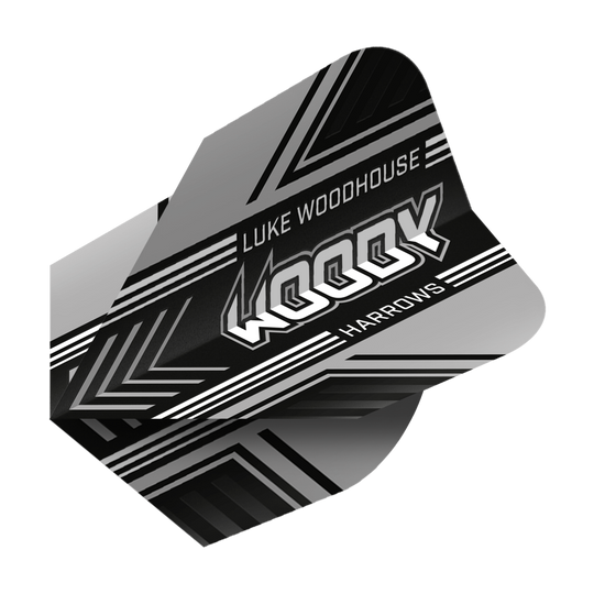Harrows Prime Luke Woodhouse Woody No6 Vuelos Auf dem Bild ist ein schwarzer Dartflight mit weißen und grauen Mustern zu sehen. Der Flight trägt die Aufschrift "Luke Woodhouse WOODY Harrows".
