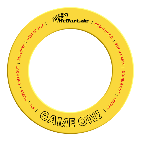 Abgebildet ist das Produkt MSF-B4_McDart_Game_On_Dartboard_Surround_Gelb_2. Es sieht aus wie ein gelber Dartboard Surround mit der Aufschrift 'Game On'.
