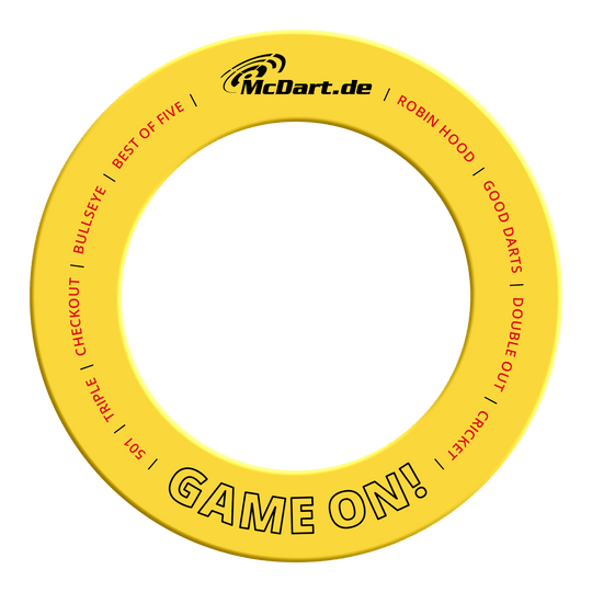 Juego de dardos McDart en la diana Abgebildet ist das Produkt MSF-B4_McDart_Game_On_Dartboard_Surround_Gelb_2. Es sieht aus wie ein gelber Dartboard Surround mit der Aufschrift 'Game On'.