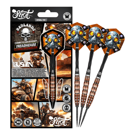 Dardos Shot Badlands Rustin de acero - 23 g Das Bild präsentiert den Shot Badlands Rustin Steeldarts - 23g. Der komplette Dartpfeil ist abgebildet.