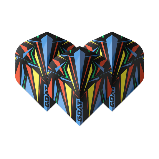 Das Bild zeigt drei bunte Dart-Flights mit geometrischem Muster in Blau, Gelb, Rot und Grün. Auf jedem Flight steht das Wort „GOAT“ am unteren Rand.