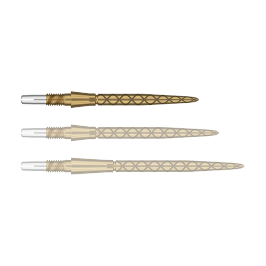 Puntas de dardos Target Swiss Storm Diamond Point - Oro Das Bild zeigt drei goldene Dartspitzen mit einem rautenförmigen Muster. Die Spitzen sind nebeneinander angeordnet und haben silberne Enden zum Befestigen.