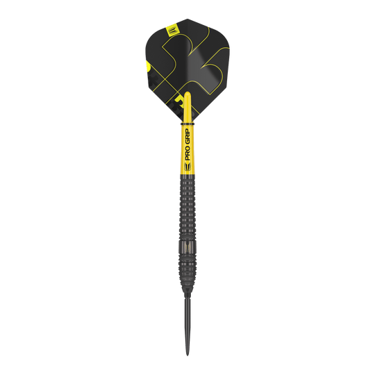 Dardos de acero Target Bolide Void 03 Swiss Point Auf dem Bild ist ein Target Bolide Void 03 Swiss Point Steeldart zu sehen. Der Dart ist schwarz mit gelben Akzenten und hat eine strukturierte Griffzone.