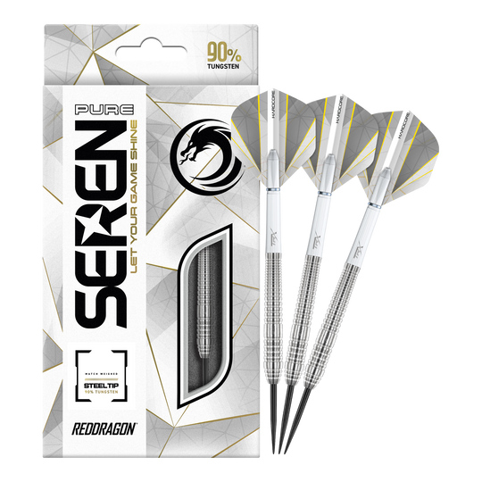 Red Dragon Seren 2 Dardos de acero puro Das Bild zeigt das Produkt "Red Dragon Seren 2 Pure Steeldarts" mit einer eleganten Verpackung. Neben der Packung sind drei silberne Steeldarts abgebildet.