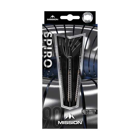 Dardos de acero Mission Spiro Modelo 2 - 22 g Das Bild zeigt eine Verpackung der Mission Spiro Model 2 Steeldarts mit einem Gewicht von 22 Gramm. Die Pfeile bestehen zu 90 % aus Tungsten und sind elegant in einer silber-schwarzen Box präsentiert.