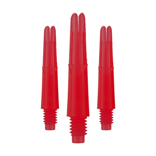 Ejes en L bloqueados rectos estilo L - Rojo Das Bild zeigt drei rote, gerade Dartschäfte mit Gewinde unten. Sie sind ohne Kappen und haben eine Länge von 26 mm.