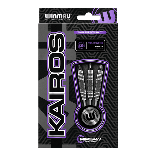 Dardos de acero Winmau Kairos 01 Die Abbildung zeigt die Verpackung der "Winmau Kairos 01 Steeldarts". In der Verpackung sind drei hochwertige Steeldarts mit 90% Tungsten-Anteil zu sehen.
