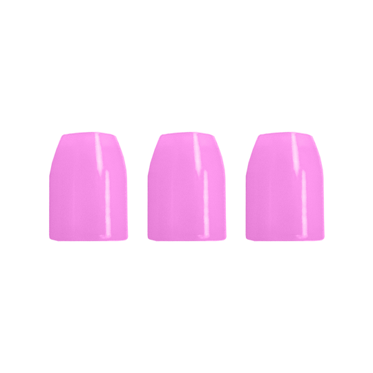 LSF8_L-Style_Champagne-Ringe_Pink_2 Das Bild zeigt drei nebeneinander stehende künstliche Fingernägel. Sie sind alle in einem glänzenden Pink lackiert.