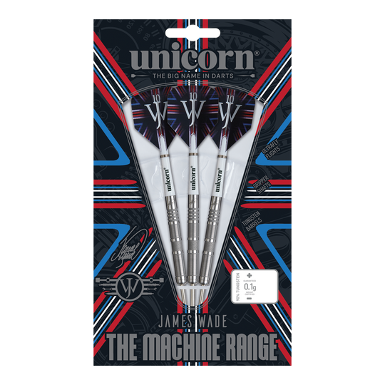 Dardos de acero Unicorn James Wade The Machine Range Phase 4 Das Bild zeigt eine Packung Steeldarts der Marke "Unicorn" aus der James Wade The Machine Range Phase 4. Die drei silbernen Darts sind in einer auffällig gestalteten Verpackung mit roten, blauen und weißen Akzenten präsentiert.