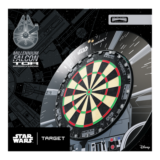 Paquete de dardos Target Star Wars Millennium Falcon TOR Auf dem Bild ist das Target Star Wars Millennium Falcon Surround Board Bundle zu sehen. Das Produkt richtet sich an Fans von Star Wars und Darts.