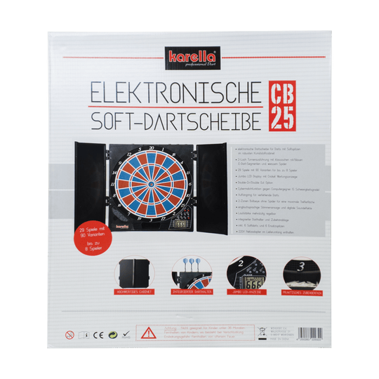 Diana electrónica CB 25 versión torneo Die Abbildung zeigt die Verpackung der elektronischen Soft-Dartscheibe CB 25 von Karella. Auf der Vorderseite sind Produktmerkmale und Bilder der Dartscheibe mit Zubehör abgebildet.