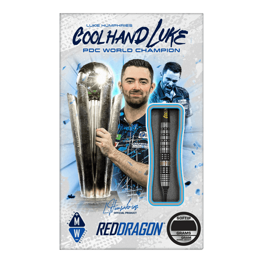 Dardos blandos Red Dragon Luke Humphries Prestige - 20 g Das Bild zeigt die Verpackung der "Red Dragon Luke Humphries Prestige Softdarts - 20g". Auf der Verpackung ist ein Foto von Luke Humphries mit einem Pokal zu sehen, sowie ein einzelner Dartpfeil als Produktabbildung.