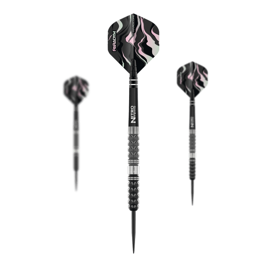 Dardos de acero cónicos Red Dragon Paradym Auf dem Bild sind drei Red Dragon Paradym Tapered Steeldarts zu sehen. Die Darts haben ein schwarzes Design mit silbernen Akzenten und gemusterten Flights.