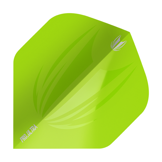 TG436_Target_ProUltra_ID_Lime_Green_No2_Standard_Flights_1nt2G20eYiEQoT Das Bild zeigt ein limegrünes Dartflight mit dem Aufdruck "PRO ULTRA". Das Flight hat ein modernes Design mit einem stilisierten Muster und ist in der Standardform gehalten.