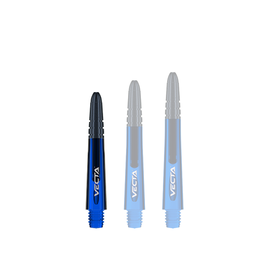 7025-105_Winmau_Vecta_Shafts_Blau_34mm_1lL9ivqrN3Tgwc Das Bild zeigt drei blaue Winmau Vecta Shafts in verschiedenen Längen. Sie haben eine glänzende Oberfläche und sind mit dem Schriftzug "VECTA" versehen.