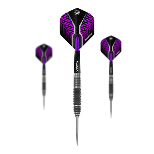 Dardos de acero Winmau Kairos 01 Das Bild zeigt drei Winmau Kairos 01 Steeldarts mit einer schwarzen und violetten Optik. Die Flights haben ein auffälliges Muster und die Spitzen bestehen aus Metall.