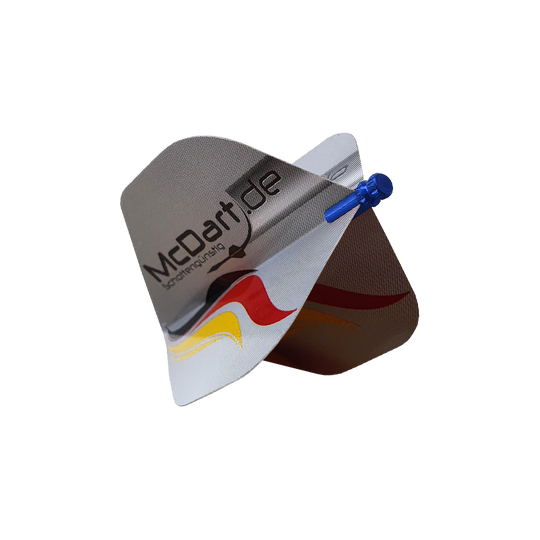609_Alu_Flightschoner_Blau_2 Das Bild zeigt einen Alu Flightschoner, der an einem Dartflight befestigt ist. Auf dem Flight ist das Logo "McDart.de" sowie eine rot-gelbe Welle zu sehen.