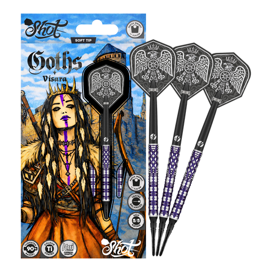 Dardos blandos Shot Goths Visara - 20 g Das Bild zeigt die Shot Goths Visara Softdarts - 20g. Diese Softdarts sind leicht und hochwertig verarbeitet.