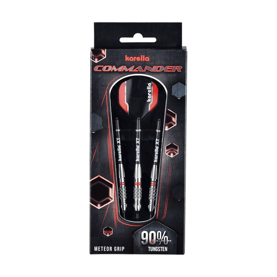 8307_Karella_Commander_Softdarts_3 Das Bild zeigt eine Packung mit Karella Commander Softdarts. Auf der Verpackung steht, dass die Darts zu 90% aus Tungsten bestehen und einen Meteor Grip haben.