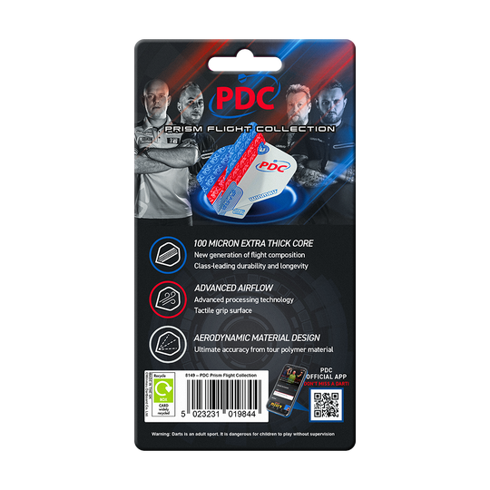 Colección de vuelo Winmau PDC Prism Das Bild zeigt die Verpackung der "Winmau PDC Prism Flight Collection" für Dartflights. Auf der Verpackung sind Produktmerkmale und Bilder von Dartspielern abgebildet.