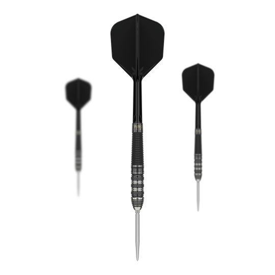 Dardos de acero Target Japan Black Marque Armageddon GEN2 Swiss Point Das Bild zeigt drei schwarze Steeldarts des Modells „Target Japan Black Marque Armageddon GEN2 Swiss Point“. Die Darts haben einen geriffelten Metallkörper und schwarze Flights.