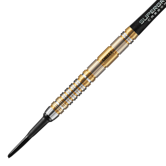 Dardos blandos Harrow's Dave Chisnall Chizzy Serie 2 Das Bild zeigt einen Harrows Dave Chisnall Chizzy Series 2 Softdart. Der Dartpfeil hat ein auffälliges Design mit goldenen und silbernen Ringen entlang des Barrels.