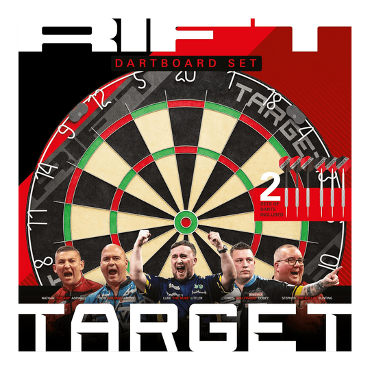 Dieses Bild zeigt das Target Rift Steeldartboard Set. Das Dartboard Set ist robust und langlebig.