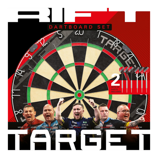 Juego de dardos de acero Target Rift Dieses Bild zeigt das Target Rift Steeldartboard Set. Das Dartboard Set ist robust und langlebig.