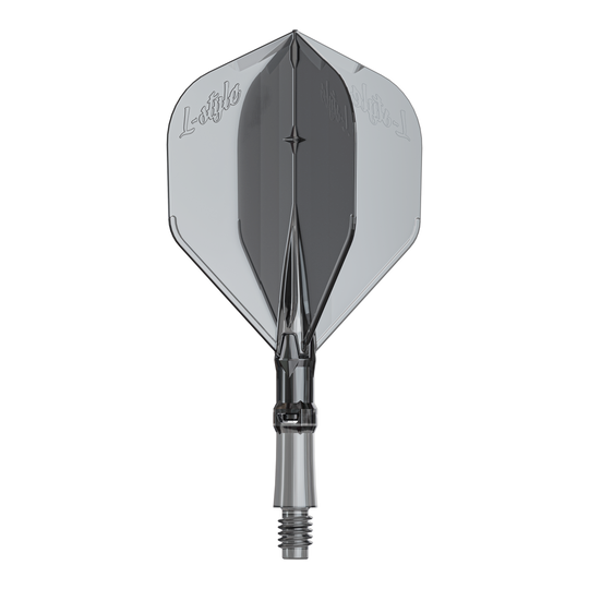 Vuelos L-Style L-System - Negro transparente Ein Ersatz-Flights-Set für Dartpfeile ist abgebildet. Das Produkt heißt LS1062 LStyle L-System Flights ClearBlack Small.