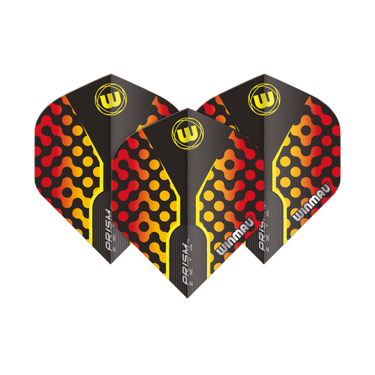 Das Bild zeigt drei Winmau Prism Zeta RedOrange Standard Flights. Die Flights sind schwarz mit roten und orangefarbenen Mustern sowie gelben Akzenten gestaltet.