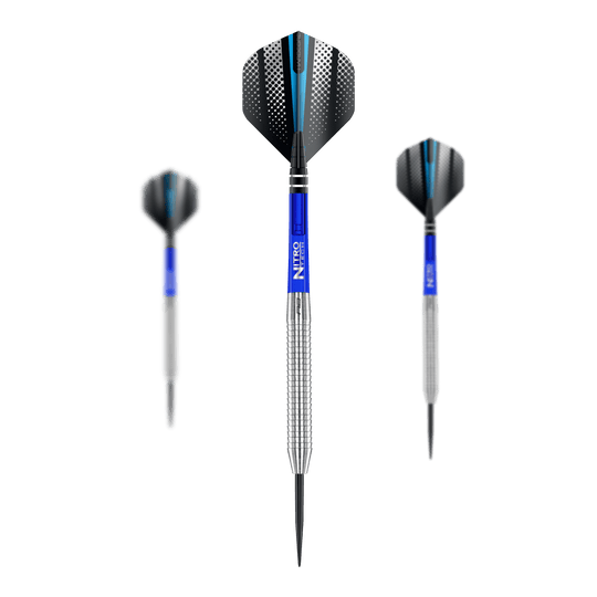Dardos de acero originales Red Dragon Razor Edge Das Bild zeigt drei Red Dragon Razor Edge Original Steeldarts mit einem Gewicht von 24g. Die Darts haben blaue Schäfte, silberne Griffbereiche und schwarze Flights mit einem Muster.