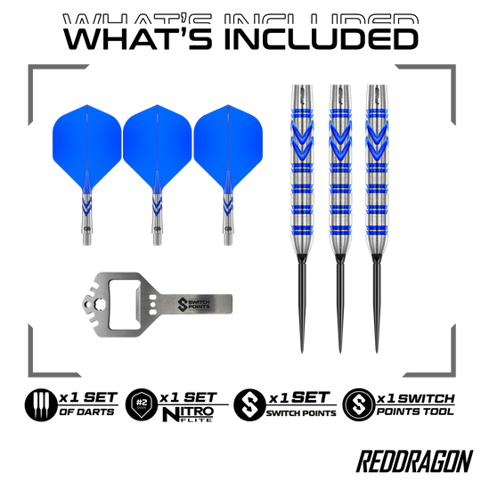 Hier sind die Red Dragon Gerwyn Price Blue Original Switch Point Steeldarts abgebildet. Sie zeichnen sich durch ihr blaues Design und hohe Präzision aus.