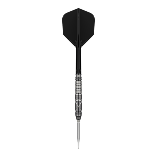 Dardos de acero Target Japan Black Marque Chaos 2 SP Das Bild zeigt einen stilvollen Steeldartpfeil mit schwarzer Flight und silber-schwarzem Barrel. Es handelt sich um das Produkt "Target Japan Black Marque Chaos 2 SP Steeldarts".