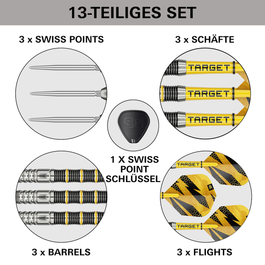 Dardos de acero Target Buzz 02 Swiss Points Das Bild zeigt die Target Buzz 02 Swiss Points Steeldarts. Die Steeldarts werden aus einer anderen Perspektive vorgestellt.