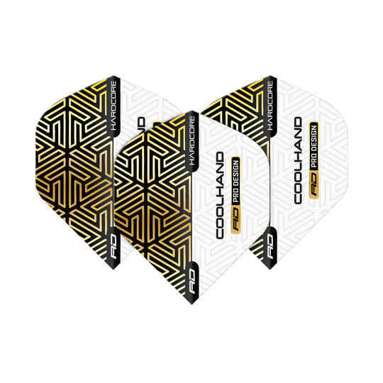 Vuelos estándar premium Red Dragon Hardcore Luke Humphries Gold White Das Bild zeigt die "Red Dragon Hardcore Luke Humphries Gold White Premium Standard Flights". Die Flights sind weiß mit gold-schwarzem geometrischem Muster und schwarzem Schriftzug.