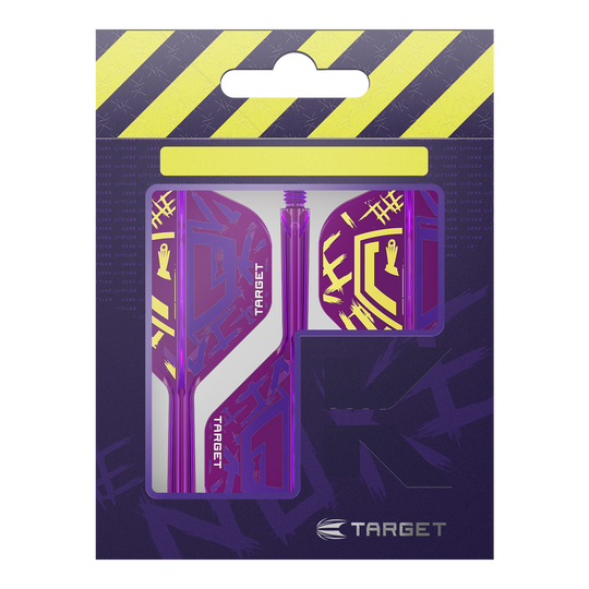 Target K-Flex Luke Littler Campeón del Mundo 2025 No2 Vuelos Estándar Die Abbildung zeigt die "Target K-Flex Luke Littler World Champion 2025 No2 Standard Flights" in einer Verpackung. Die Flights sind lila mit gelben Akzenten und dem Target-Logo gestaltet.