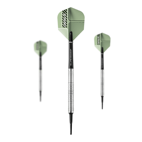 Dardos blandos paralelos Harrows Control Das Bild zeigt drei Harrows Control Parallel Softdarts mit grünen Flights und silbernen Griffen. Die Dartpfeile sind von vorne und von der Seite zu sehen.