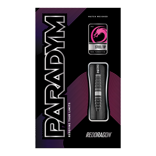 Dardos de acero Red Dragon Paradym Torpedo Das Bild zeigt die Verpackung der "Red Dragon Paradym Torpedo Steeldarts". Das Design ist modern mit auffälligen Farben und hebt die Stahlspitze sowie den hohen Wolframanteil hervor.