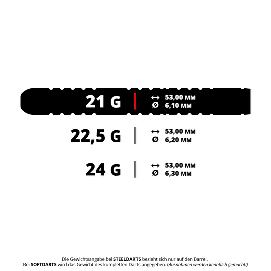 Dardos de acero Winmau Michael Van Gerwen Evo-X Das Bild zeigt die Gewichts- und Maßangaben für Winmau Michael Van Gerwen Evo-X Steeldarts in den Varianten 21 g, 22,5 g und 24 g. Die Längen und Durchmesser der Dartbarrels sind jeweils angegeben.