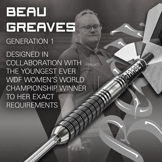 Dardos de acero Target Beau Greaves GEN1 Swiss Point Dieses Foto zeigt die Target Beau Greaves GEN1 Swiss Point Steeldarts von der Seite. Die Details der Barrelstruktur sind klar erkennbar.