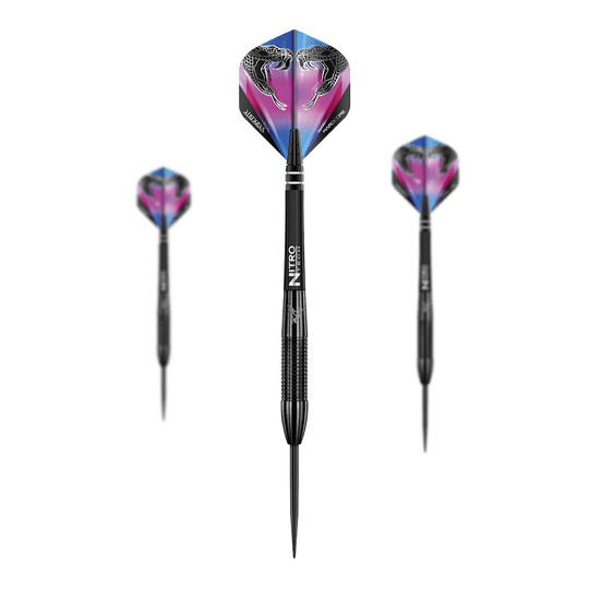 Dardos de acero negros Red Dragon Peter Wright Snakebite 3 Auf dem Bild sind drei schwarze Steeldarts der Marke "Red Dragon Peter Wright Snakebite 3" zu sehen. Die Flights zeigen ein buntes Design mit zwei Schlangenköpfen.