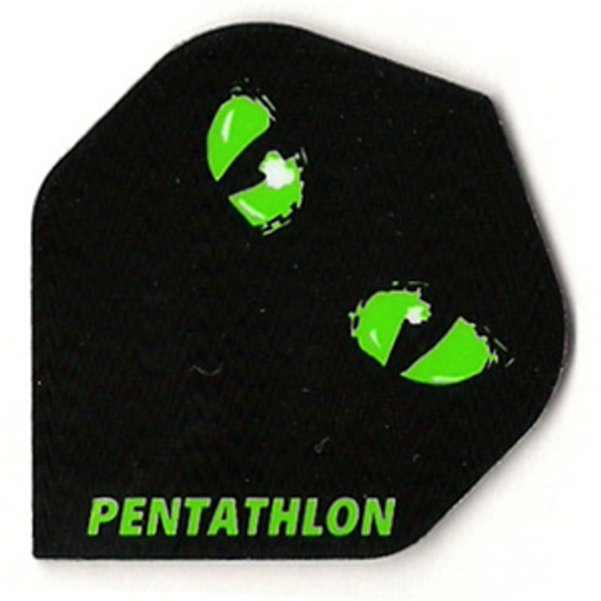 p41 Das Bild zeigt ein schwarzes Dart Flight mit zwei leuchtend grünen Augen. Unten steht in grüner Schrift das Wort "PENTATHLON".