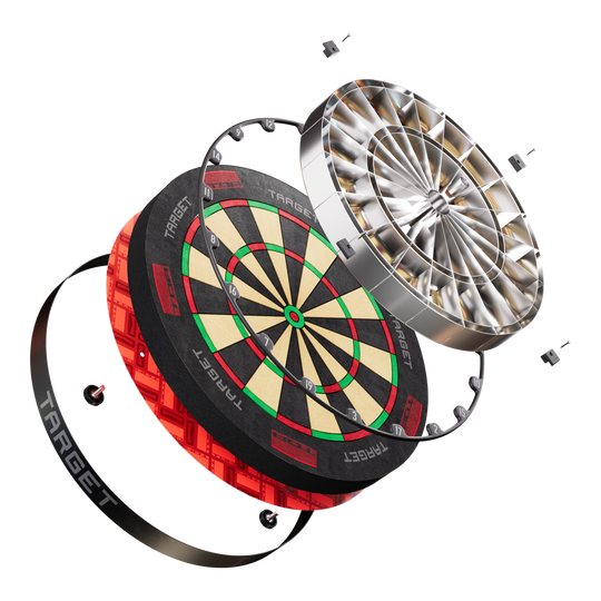 Diana de acero Target TOR Das Bild zeigt das Produkt "Target TOR Steeldartboard" in einer explodierten Ansicht. Die einzelnen Bauteile des Dartboards sind deutlich sichtbar und voneinander getrennt dargestellt.