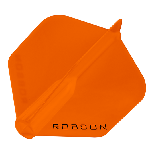 Plumas Robson Plus - Estándar Das Bild zeigt ein orangefarbenes Dart-Flügel mit der Aufschrift "ROBSON". Er hat eine sechseckige Form und ist transparent.