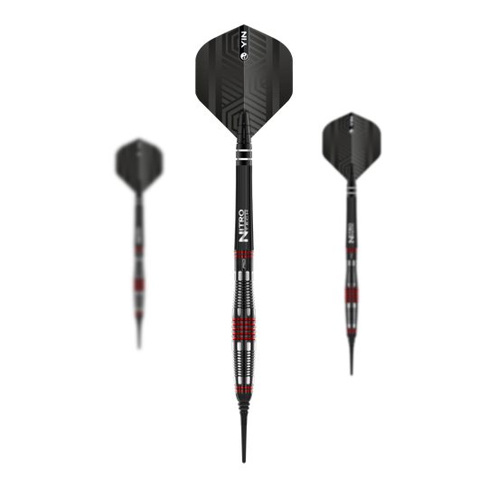 Dardos blandos Red Dragon Marlin Venom - 22 g Das Bild zeigt drei Softdarts des Modells "Red Dragon Marlin Venom" mit einem Gewicht von 22g. Die Darts sind in Schwarz mit roten und silbernen Akzenten gestaltet.