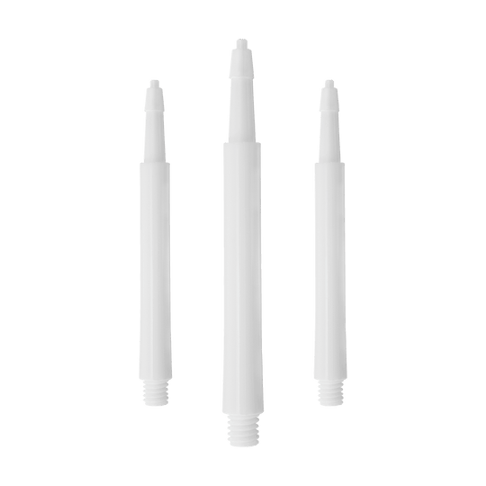 HRC12633W_Harrows_Clic_Standard_Shafts_Weiss_23mm_1 Das Bild zeigt drei weiße Harrows Clic Standard Shafts. Sie sind gerade angeordnet und haben ein einfaches, sauberes Design.