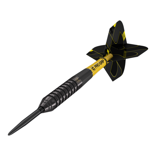 Dardos de acero Target Bolide Void 02 Swiss Point Das Bild zeigt einen Target Bolide Void 02 Swiss Point Steeldart. Der Dart ist schwarz mit gelben Akzenten und hat ein modernes, gerilltes Design.
